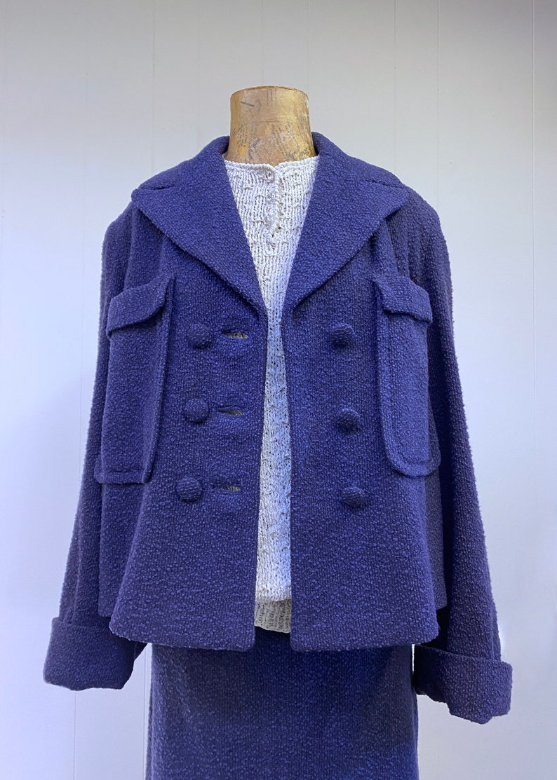 Vintage 1950s Wool Bouclé Skirt Suit, Cropped Jacket and Pencil Skirt Set, Small-Medium image 4