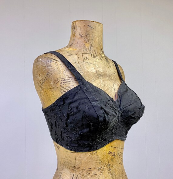 Vintage 1950s Black Floral Cotton Bullet Bra 36C,… - image 3