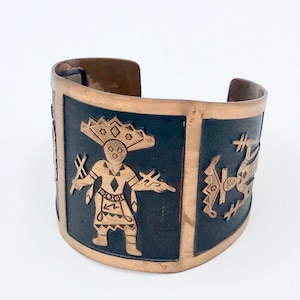 Vintage 1950s Bell Trading Post Copper Cuff, Kachina Dancers Souvenir Bracelet, Mid-Century Southwestern Tourist Jewelry, VFG