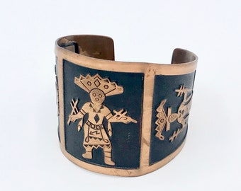Vintage Bell Trading Post Wide Copper Kachina Cuff Bracelet, Tourist Souvenir Jewelry 1950s-1960s, VFG
