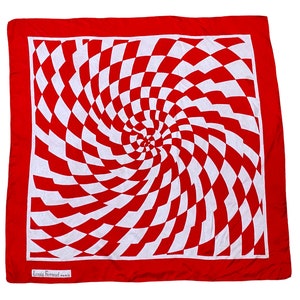 Vintage 1980s Louis Feraud Paris Silk Scarf, Red and White Op Art Graphic, 32 Inch Square w/Hand-Rolled Hem, VFG