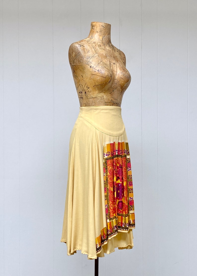 Vintage 1980s Buttercream Rayon Crepe Circle Skirt, 80s New Romantic Faux Wrap Midi, Small 27 Inch Waist, VFG image 3