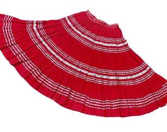 Vintage 1950s Southwestern Patio Skirt, Red Cotton Crepe Circle Skirt with Silver Metallic Trim, Rockabilly Style, Small 28" Waist, VFG