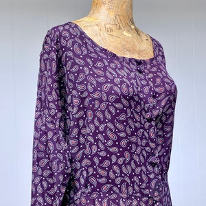 Vintage 1990s HARARI Drop-Waist Purple Paisley Rayon Dress, Loose-Fit Tea Length One Size up to 44 Bust, VFG image 9