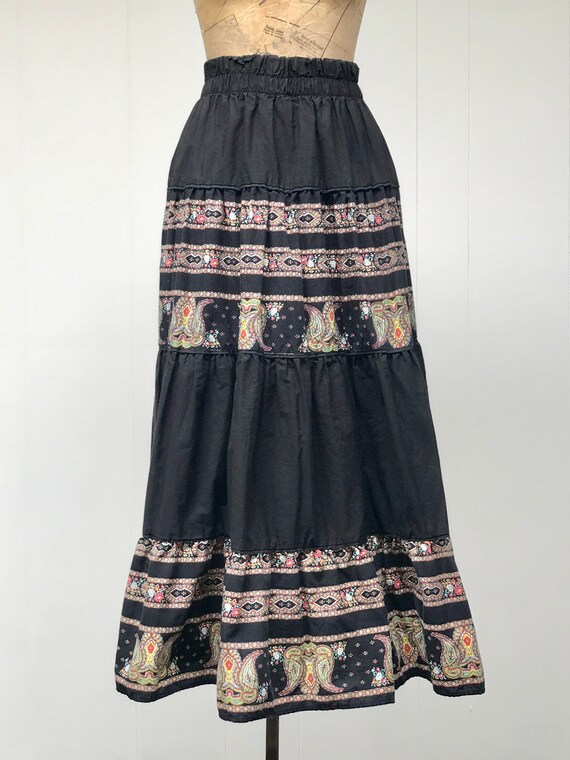 Vintage 1980s Peasant Maxi Skirt, Black Cotton Pa… - image 4