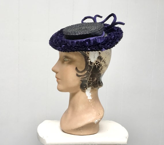 Vintage 1930s 1940s Navy Straw Tilt Hat, 30s 40s … - image 4