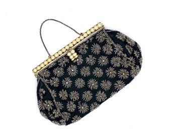 Vintage 1930s Black Micro-Beaded Evening Bag, 30s Formal Top Handle Purse, Sparkly Art Deco Black and Silver Starburst, VFG