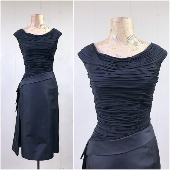 Vintage 1960s Black Silk Party Dress, 60s Ruched … - image 1