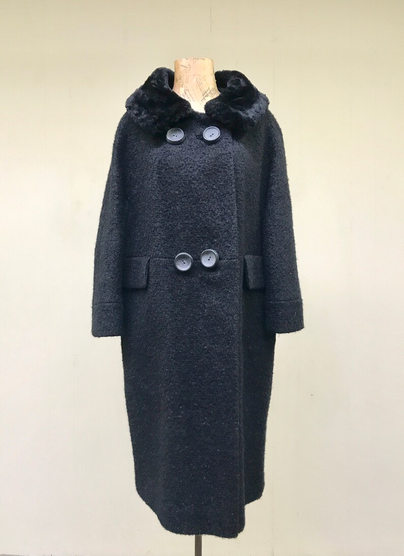 Vintage 1950s Black Wool Bouclé Coat W/beaver Collar Double - Etsy