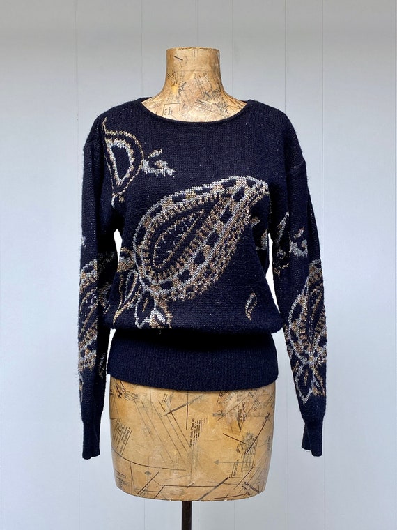 Vintage 1980s Paisley Sweater, 80s Black w/Metall… - image 1