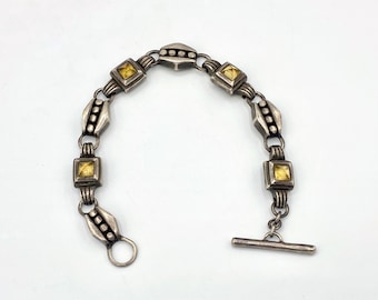 Vintage 1980s Lisa Jenks Sterling Silver and Citrine Link Toggle Bracelet, Signed Modernist Designer Jewelry, VFG