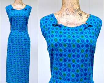 Vintage 1950s Cotton Novelty Print Dress, 50s Turquoise Atomic Age Pattern Sheath, Sleeveless Blue-Green Day Dress, Medium 38" Bust, VFG