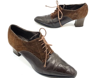 Vintage Oxfordskor i brunt läder och quiltad mocka, nya romantiska snörskor tillverkade i Italien, damstorlek 37 EU, storlek 7 US, VFG