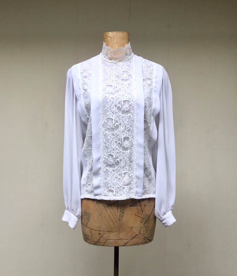 Vintage 1990s White Crepe Ivory Lace Victorian Collar Blouse - Etsy