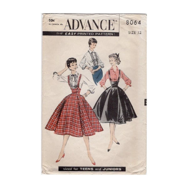 Vintage 1956 Advance Sewing Pattern 8064, Teen and Junior Rockabilly Style Full Suspender Skirt and Button Front Blouse, Size 12