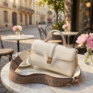 May include: A cream-colored structured handbag with a top handle and a gold-toned rectangular clasp. The bag features a detachable, wide, woven shoulder strap with a brown and tan geometric chevron pattern and gold-toned metal hardware clips.