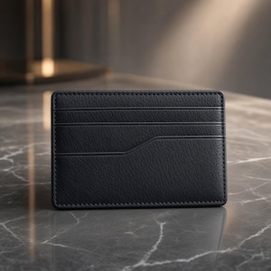 May include: A dark navy blue card holder with a textured surface. The rectangular accessory features two horizontal card slots across the top and a single diagonal slot design on the lower portion, all finished with precise tonal stitching along the edges.