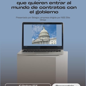 以下が含まれることがあります： 政府の建物の画像を表示するラップトップが、青い背景に白い台座に置かれています。スペイン語のテキストは「Exclusivo para hispanos que quieren entrar al mundo de contratos con el gobierno」と書かれています。