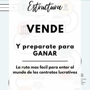 以下が含まれることがあります： ターコイズと黄色の配色が施されたプロモーション用グラフィック。テキストは「¿QUIERES CONTRATOS DEL GOBIERNO?」と「VENDE」が大きく表示されています。グラフィックは、「BIDXGOV」を含む政府との契約への簡略化された道筋を詳述しています。