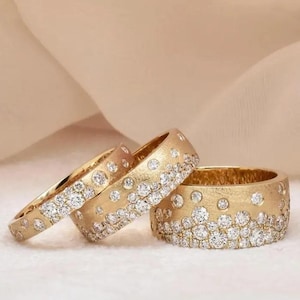 Round Cut Simulated Diamond Wedding Band, Scattered Diamond Stunning Cigar Band, Satin Finish Band, Flush Set Diamond Half Eternity Band