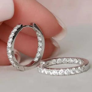 Inside Out Huggie Hoop Earrings 2 mm Round Brilliant Cut Diamond Hoop Earrings 925 Sterling Silver Stud Hoop Diamond Hoop Gift Earrings