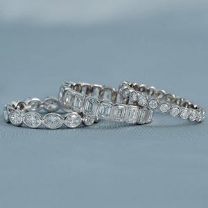 Full Eternity Stackable Engagement Band, East To West Oval Cut Wedding Band, Bezel Set Emerald Cut Band, 925 Silver Round Cut Band For Women