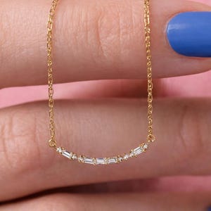0.25Ct Simulated Diamond Morse Code Necklace for Women Dainty Gold Chain Minimalist Baguette Pendant Gift for Her Custom Morse Code Pendant