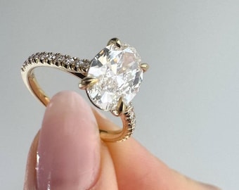 Hidden Halo. Sterling Silver 925 engagement ring with 2.5CT oval cut D VVS moissanite or CZ diamonds,yellow gold,rose gold