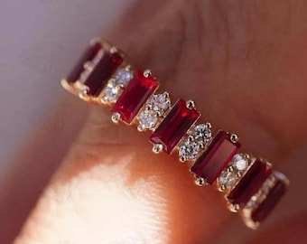 14k Gold Pleate Ruby Ring Dainty Stacking Ring Emerald Cut Ruby Band Unique Stackable Ring Half Eternity Ring Gift for Women Simulated Band