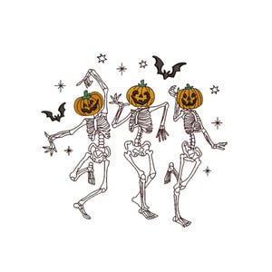 May include: Embroidered design featuring three dancing skeletons with jack-o'-lantern heads. Bats and stars are scattered around the skeletons. The design is in shades of orange, black, and white, perfect for Halloween.