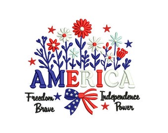Diseño de bordado floral de Estados Unidos, flor de la bandera patriótica de EE. UU., archivo de bordado a máquina del 4 de julio, descarga instantánea, tamaños de aro de 5 x 7.