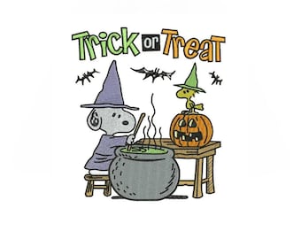 トリック・オア・トリートの刺繍デザイン、ハロウィン刺繍ファイル、2サイズ、即時ダウンロード