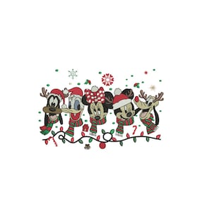 May include: Embroidered design featuring Disney characters Goofy, Donald Duck, Minnie Mouse, Mickey Mouse, and Pluto. Each character wears a Santa hat and a red and green striped scarf. The design includes Christmas lights, snowflakes, and a candy cane.
