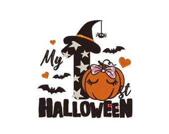 My First Halloween Embroidery Design, Baby Halloween Machine Embroidery File, Cute Ghost Pumpkin, 2 Sizes, Instant Download
