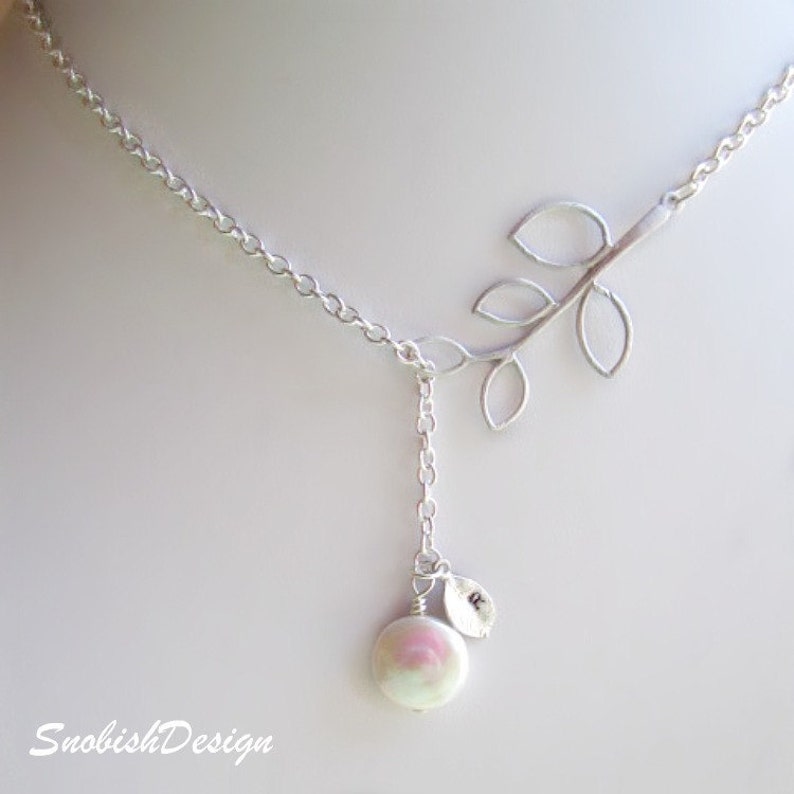 Leaves Necklace Bridal Necklace Leaf Necklace Freshwater Pearl Necklace Bridesmaid Necklace Wedding Jewelry Initial Necklace Lariat