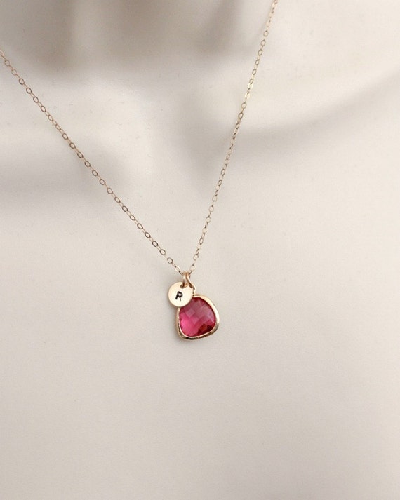 Dainty Ruby Necklace Initial Disc 