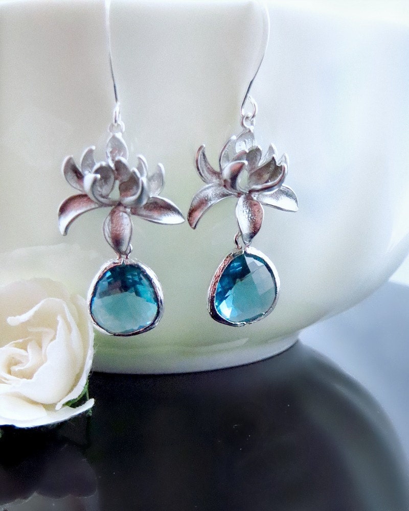 Lotus Flower Earrings Blue Zircon Earrings Silver Bridesmaid | Etsy