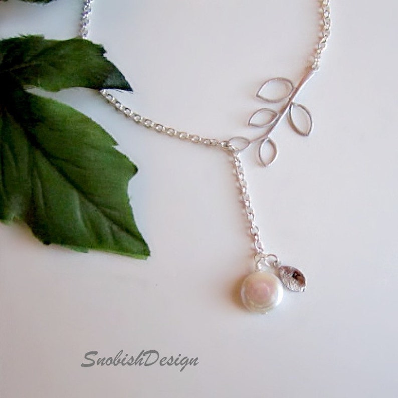 Leaves Necklace Bridal Necklace Leaf Necklace Freshwater Pearl Necklace Bridesmaid Necklace Wedding Jewelry Initial Necklace Lariat