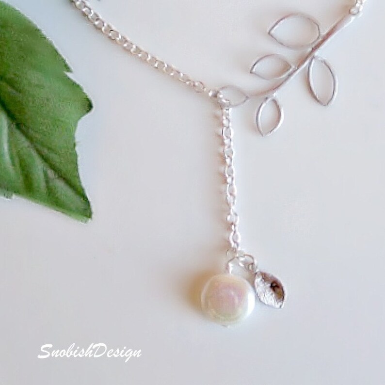Leaves Necklace Bridal Necklace Leaf Necklace Freshwater Pearl Necklace Bridesmaid Necklace Wedding Jewelry Initial Necklace Lariat