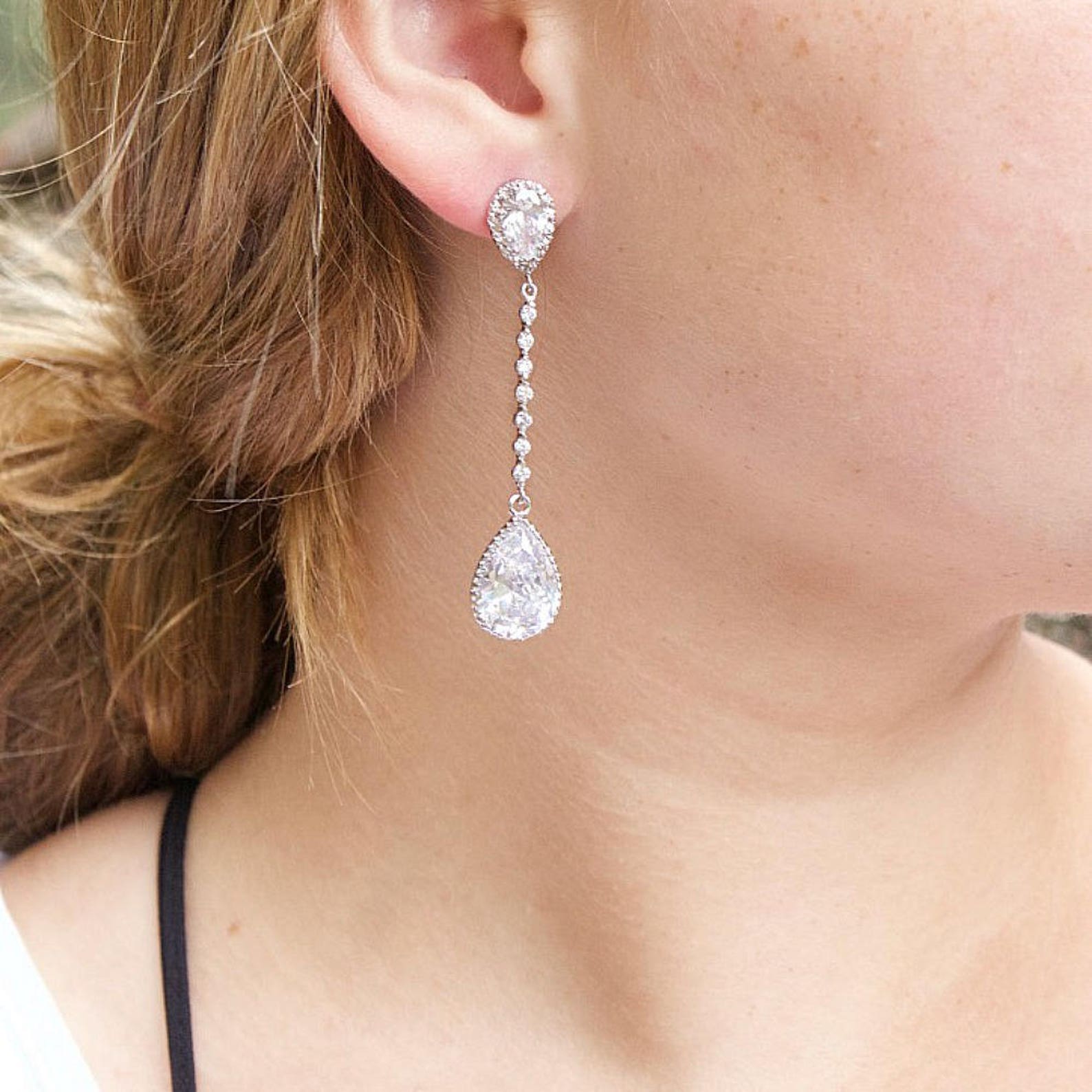Cubic Zirconia Wedding Earrings Bridal Earrings Long Etsy