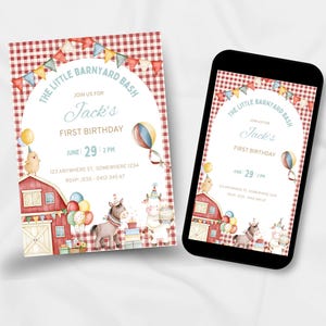 Farm 1st Birthday Invitation Template | Barnyard Bash, Red Gingham (Editable Canva)