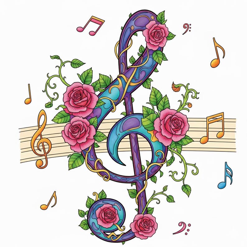 Pink Clef Note Clef Notes in Color 4-page Coloring Collection for Adults and Children ...