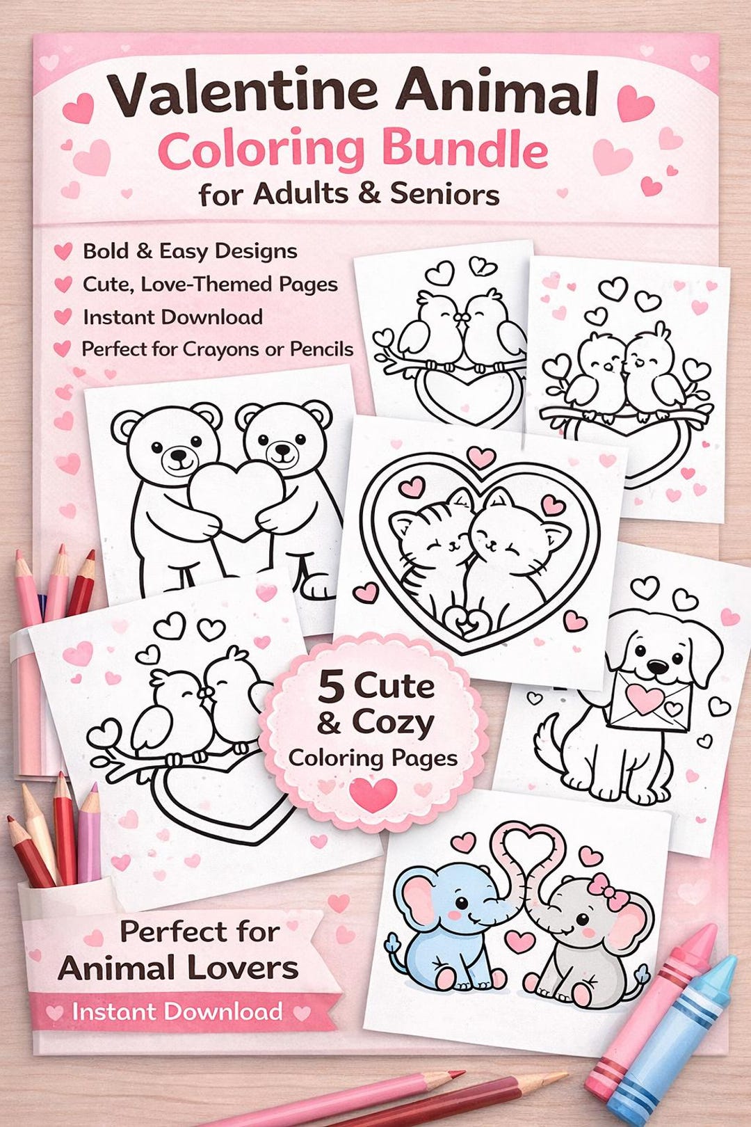 Bold and Easy Valentine Animal Coloring Bundle for Adults & Seniors - Etsy