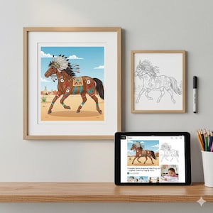 May include: Framed print of a brown horse adorned with Native American war paint and a feathered headdress, set against a desert landscape with teepees. A black and white line drawing of the horse is also framed. A tablet displays the image.
