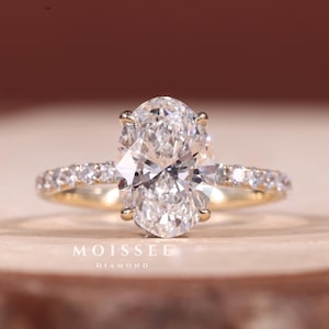 Oval Moissanite Engagement Ring: Hidden Halo, 14K Yellow Gold Solitaire