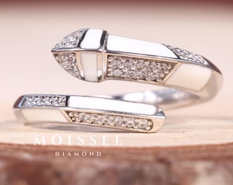 Anillo abierto con diamantes, moderno anillo con diseño de bypass, banda geométrica ajustable, regalo contemporáneo de anillo de diamantes para ella.