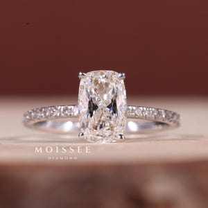 Elongated Cushion Cut Moissanite Engagement Ring: 14K White Gold Pave Solitaire