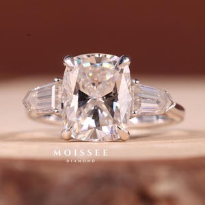 3 Stone Cushion Cut Moissanite Diamond Engagement Ring, Side Bullet Cut Ring, Solitaire White Gold Wedding Ring, Anniversary Gift