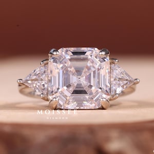 Three Stone Asscher Cut Moissanite Diamond Engagement Ring, Side Trilliant Cut Ring, Solitaire Wedding Ring, Anniversary Gift For Wife