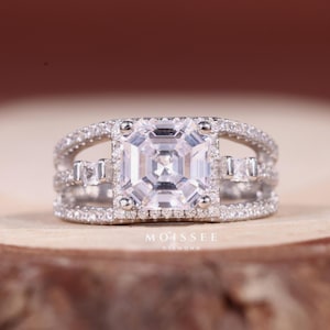 Asscher Cut Moissanite Engagement Ring: Split Shank Halo, Vintage Style